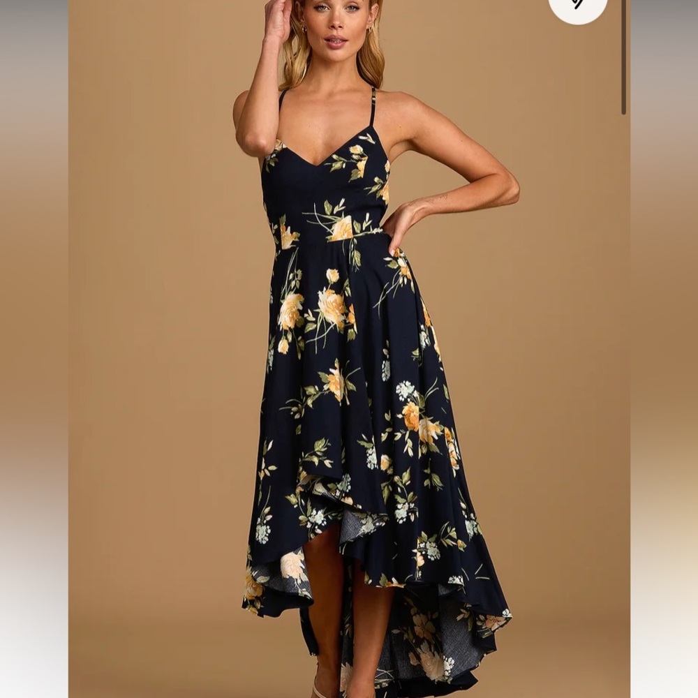 Lulus Best Times Navy Blue Floral Print Lace-Up High-Low Maxi Dress